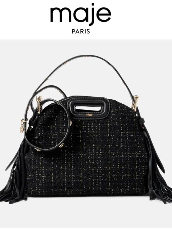 maje Handbags - NWT MAJE Black Gold Metallic Tweed Crossbody Shoulder Bag Purse Leather Tassel